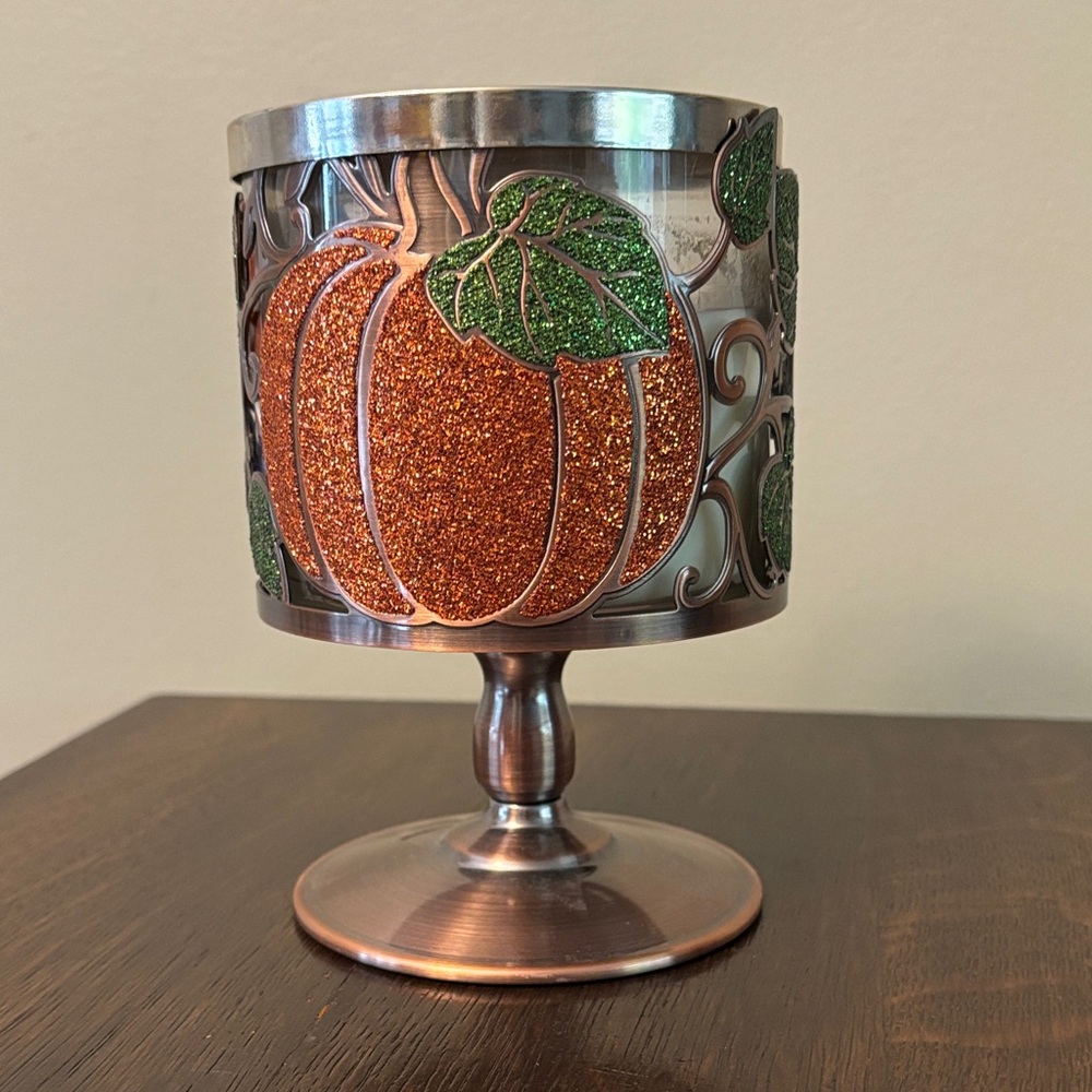 Candle Holder Bath & Body Works Pumpkin Patch Leaves Glitter Pedestal Copper